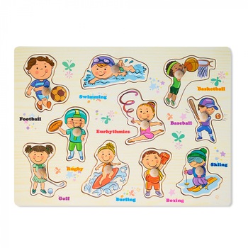 Puzzle sporturi din lemn cu maner ajutator 10 piese Puzzle sporturi din lemn cu maner ajutator 10 piese