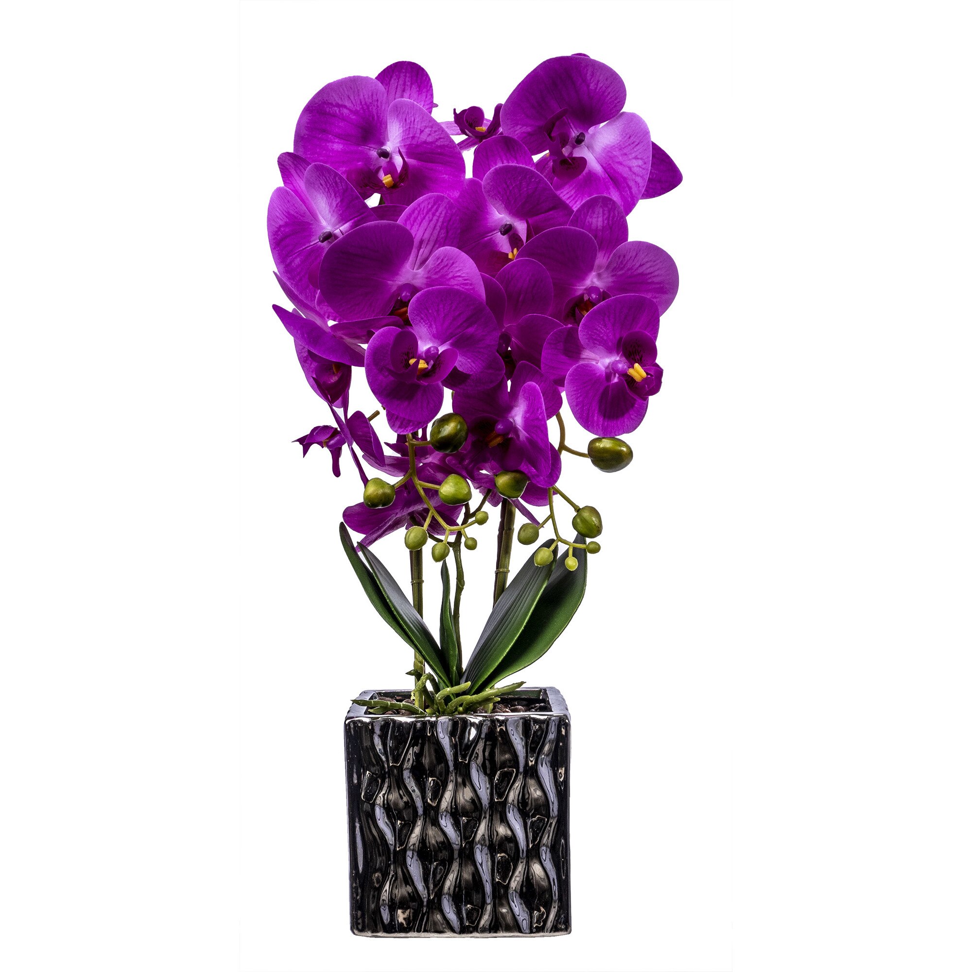 Orhidee 3 fire cu aspect natural in ghiveci argintiu, H 50 cm / CD3761-Fucsia