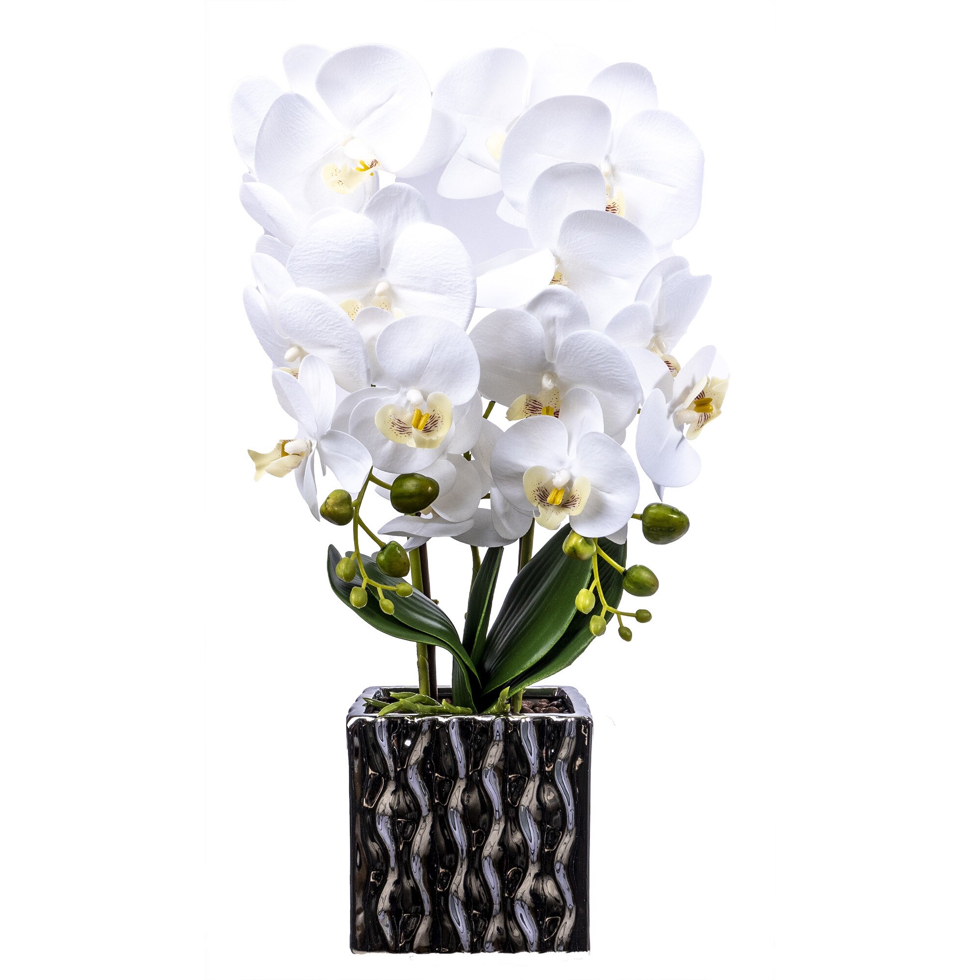 Orhidee 3 fire cu aspect natural in ghiveci argintiu, H 50 cm / CD3761_Alb