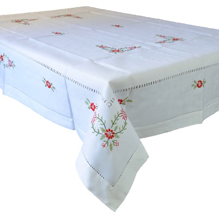 Fata de masa din in cusut manual cu flori rosii, cu ajur, 220x170 cm