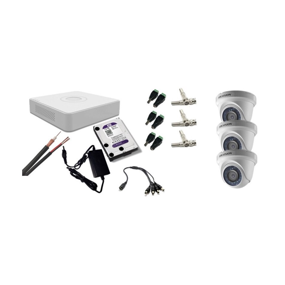 Kit supraveghere video Hikvision 2MP, cu 3 camere 2MP de interior si HDD 1 TB cu accesorii montaj MK171