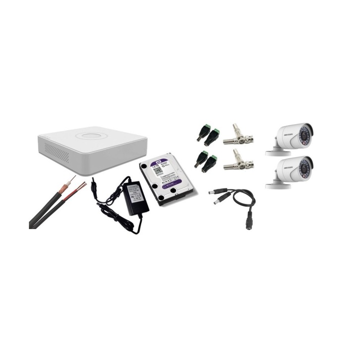 Kit supraveghere video Hikvision 2MP, cu 2 camere 2MP de interior si HDD 1 TB cu accesorii montaj MK186