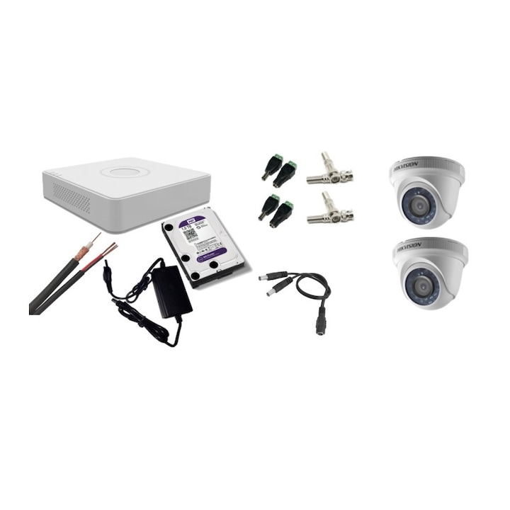 Kit supraveghere video Hikvision 2MP, cu 2 camere 2MP de exterior/interior si HDD 1 TB MK150