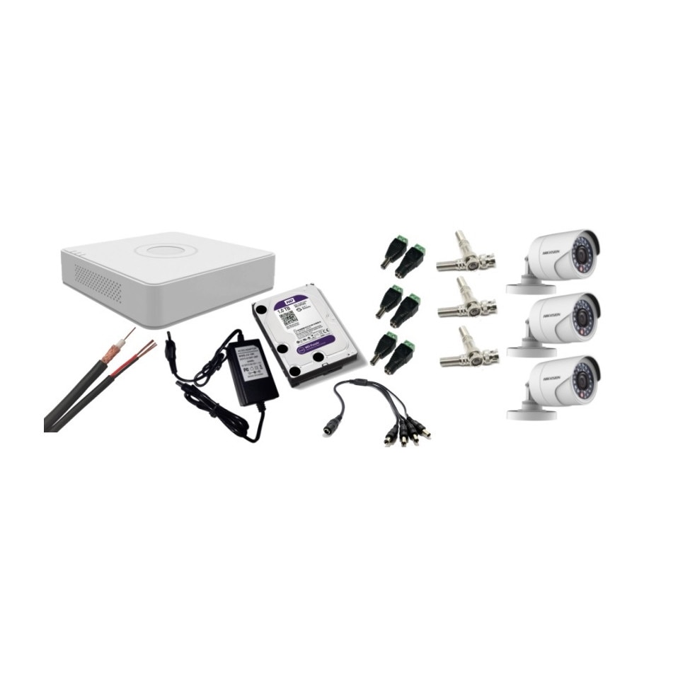 Kit supraveghere video Hikvision 2MP, cu 3 camere 2MP de exterior/interior si HDD 1 TB cu accesorii montaj MK167