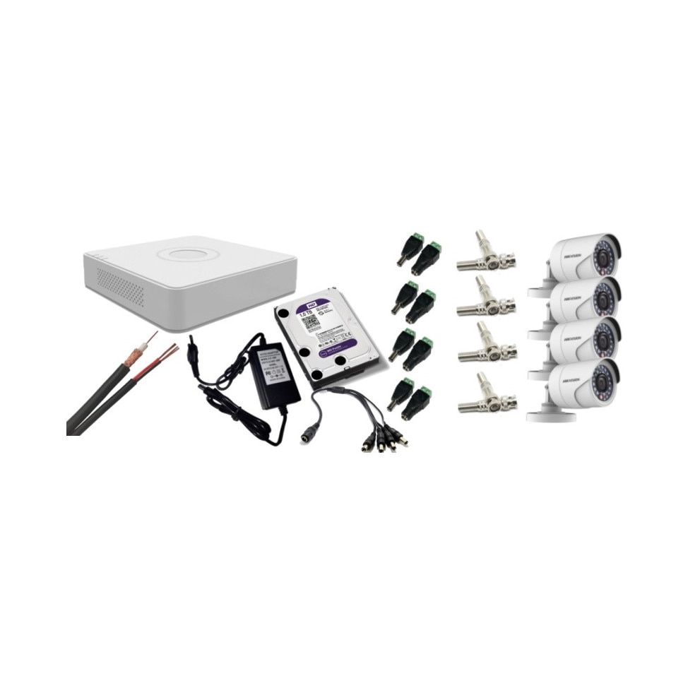 Kit supraveghere video Hikvision 2MP, cu 4 camere 2MP de exterior/interior si HDD 1 TB cu accesorii montaj MK168
