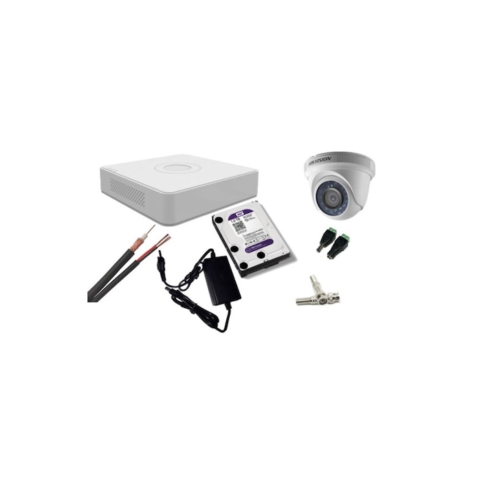 Sistem de supraveghere Hikvision 4 camere interior 5MP ColorVU, lumina alba 20m, DVR 4 canale TurboHD