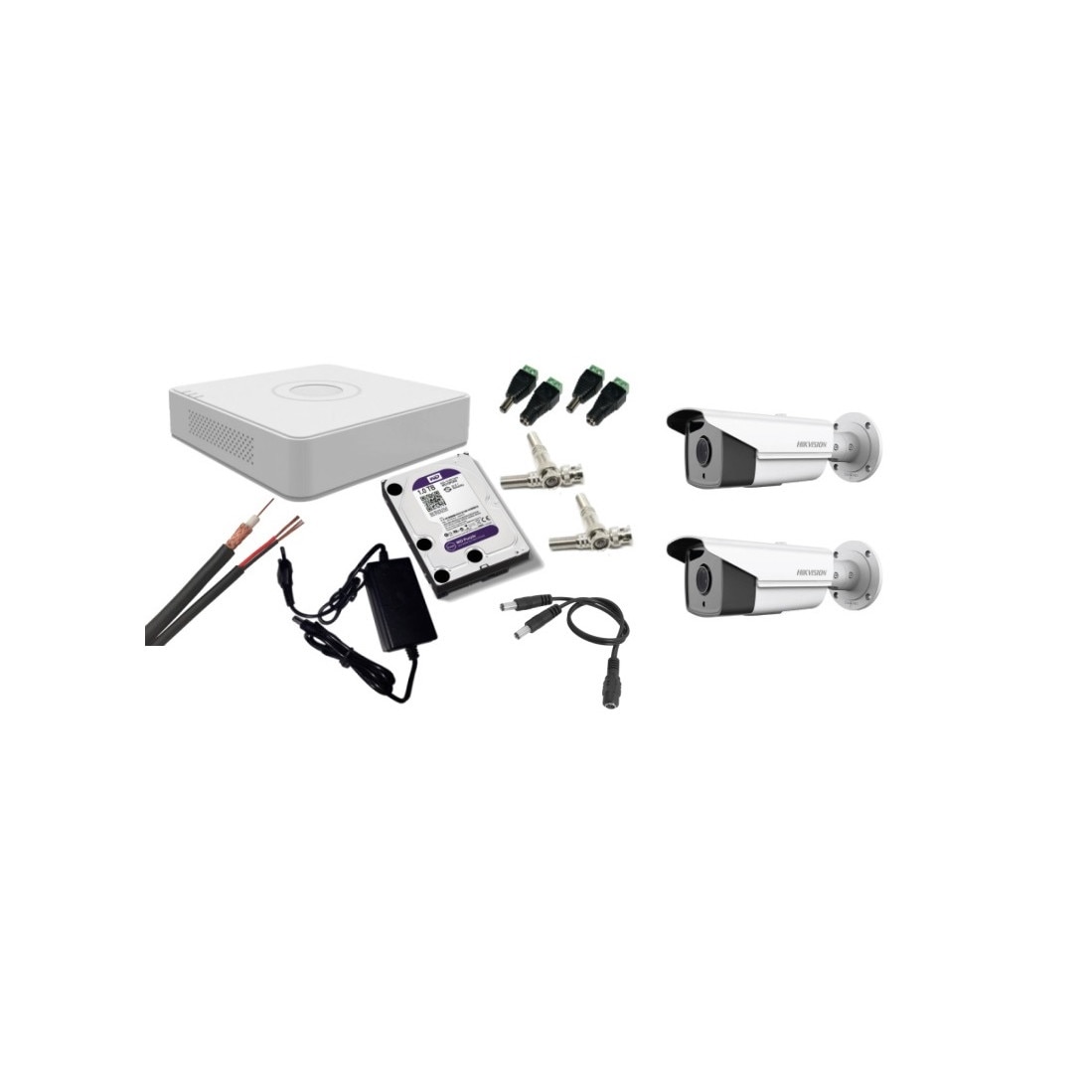 Kit supraveghere video Hikvision 2MP, cu 2 camere 2MP de exterior/interior si HDD 1 TB cu accesorii montaj MK174