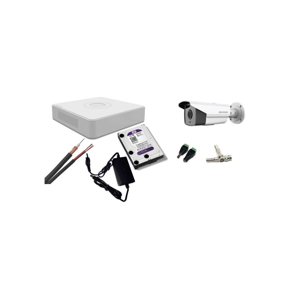 Kit supraveghere video Hikvision 2MP, cu 1 camera 2MP de exterior/interior si HDD 1 TB cu accesorii montaj MK173