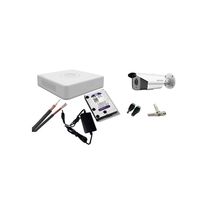 Kit supraveghere video Hikvision 2MP, cu 1 camera 2MP de exterior/interior si HDD 1 TB MK145