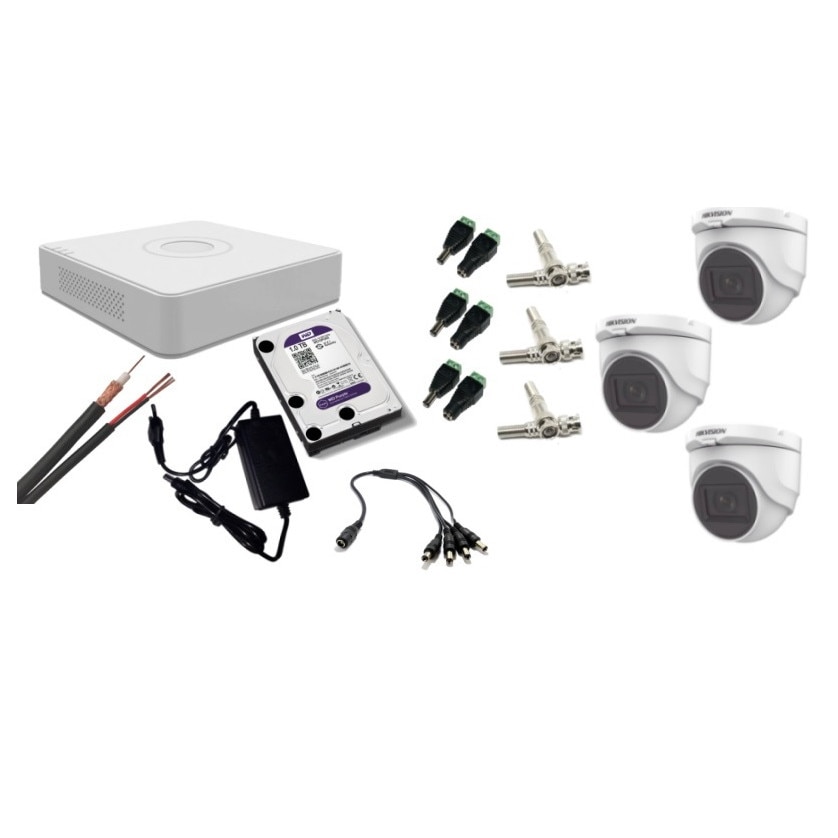 Kit supraveghere video Hikvision 2MP, cu 3 camere 2MP de interior si HDD 1 TB cu accesorii montaj MK187