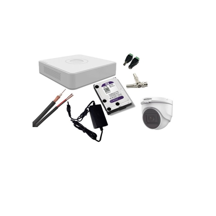 Kit supraveghere video Hikvision 2MP, cu 1 camera 2MP de exterior/interior si HDD 1 TB MK157
