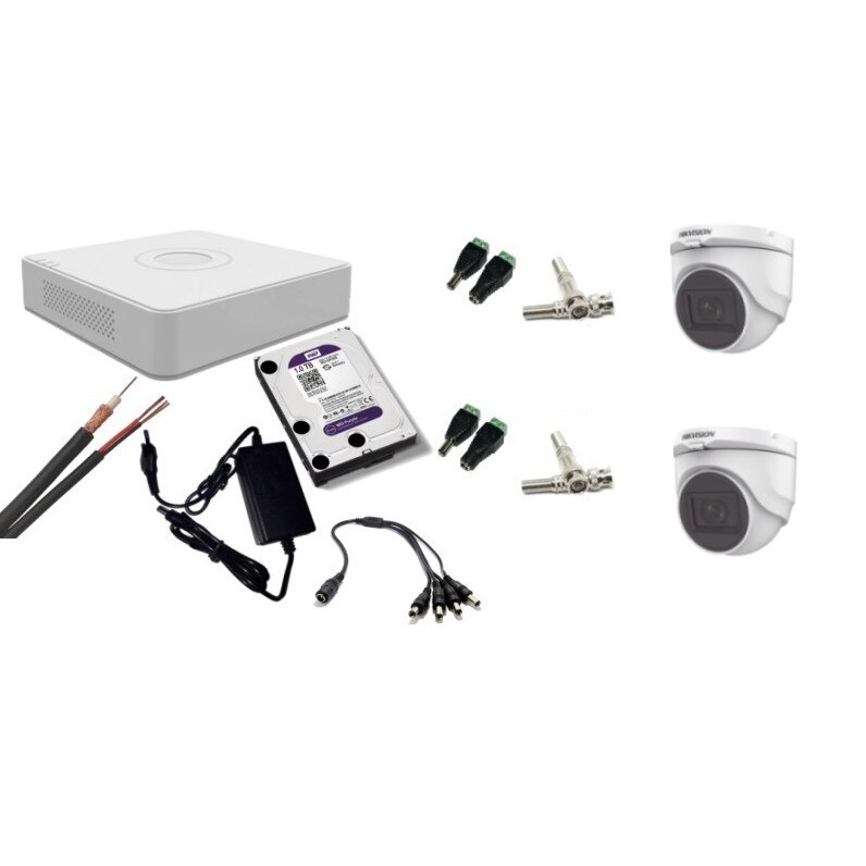 Kit supraveghere video Hikvision 2MP, cu 2 camere 2MP de interior si HDD 1 TB cu accesorii montaj MK186