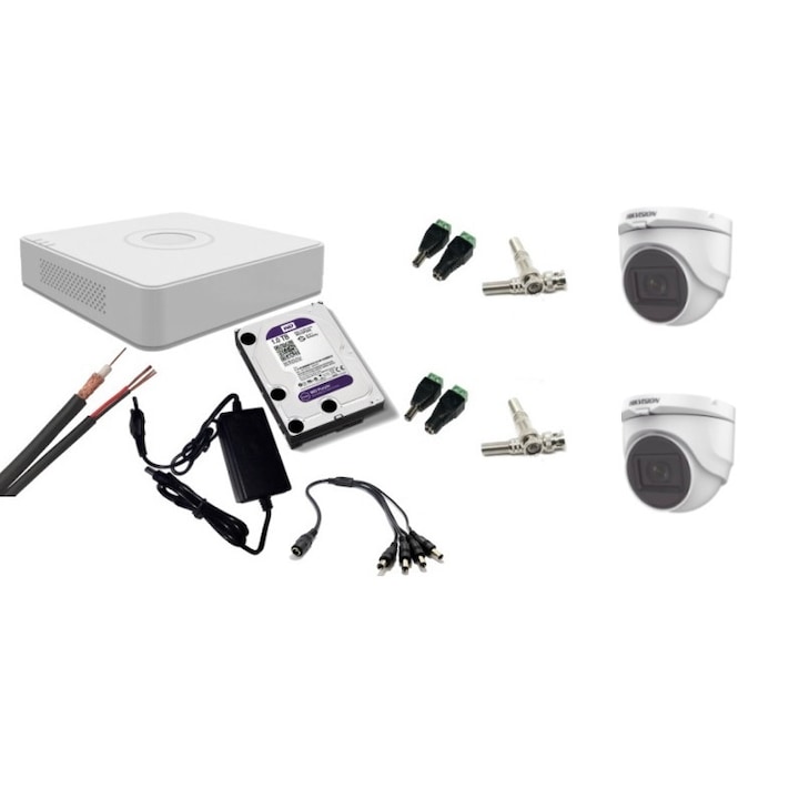 Kit supraveghere video Hikvision 2MP, cu 2 camere 2MP de exterior/interior MK214