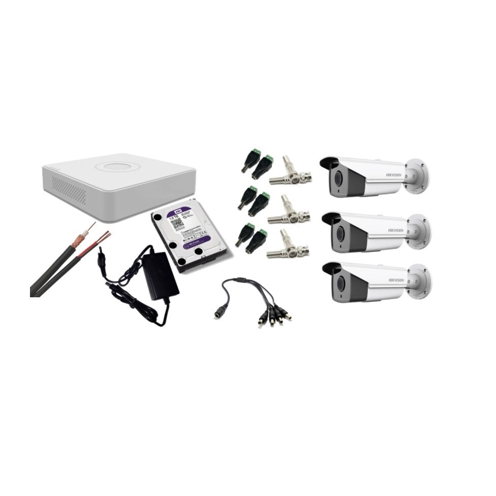 Kit supraveghere video Hikvision 2MP, cu 3 camere 2MP de exterior/interior si HDD 1 TB cu accesorii montaj MK175