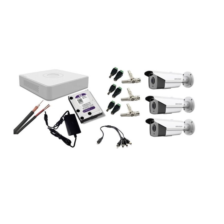 Kit supraveghere video Hikvision 2MP, cu 4 camere 2MP de exterior/interior si HDD 1 TB MK148
