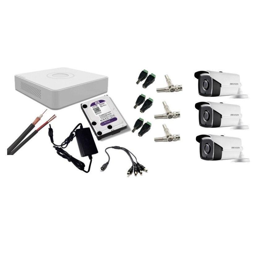 Kit supraveghere video Hikvision 2MP, cu 3 camere 2MP de exterior/interior si HDD 1 TB cu accesorii montaj MK179