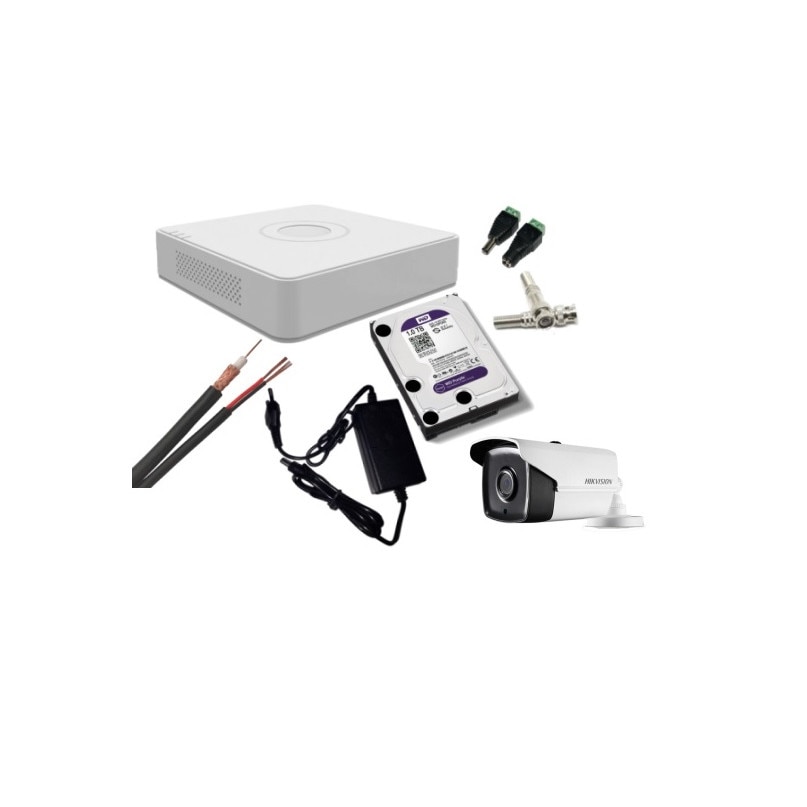Kit supraveghere video Hikvision 2MP, cu 1 camera 2MP de exterior/interior si HDD 1 TB cu accesorii montaj MK177