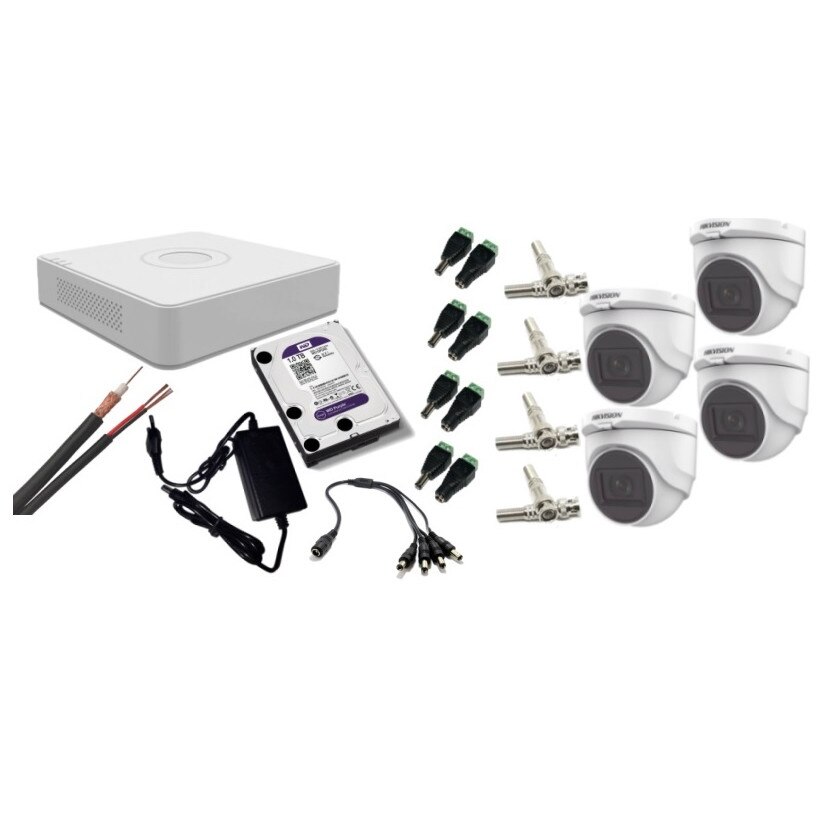 Kit supraveghere video Hikvision 2MP, cu 4 camere 2MP de interior si HDD 1 TB cu accesorii montaj MK188