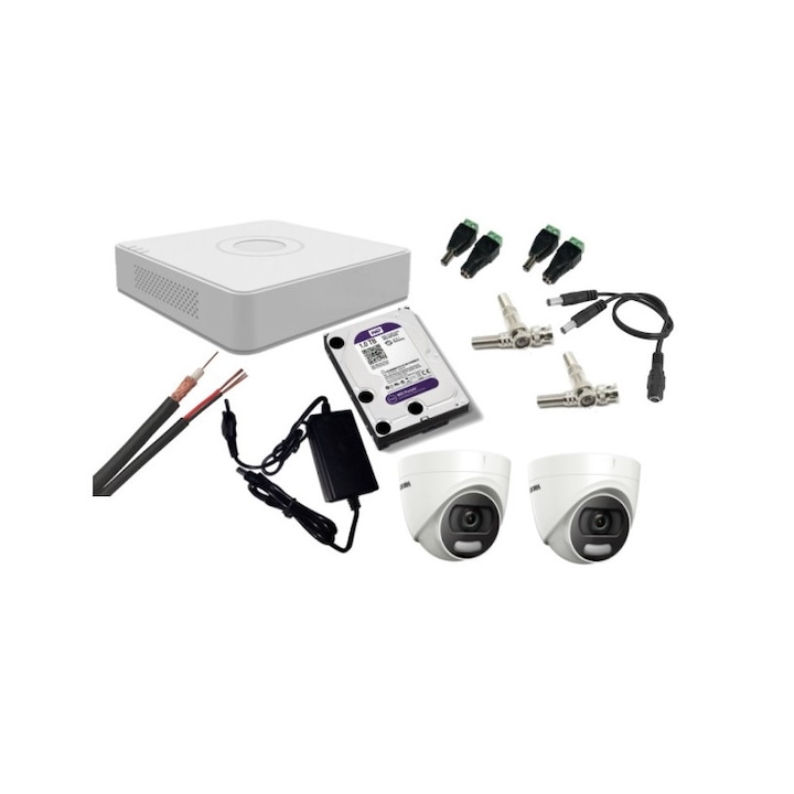 Kit supraveghere video Hikvision 2MP, cu 4 camere 2MP de interior si HDD 1 TB cu accesorii montaj MK172