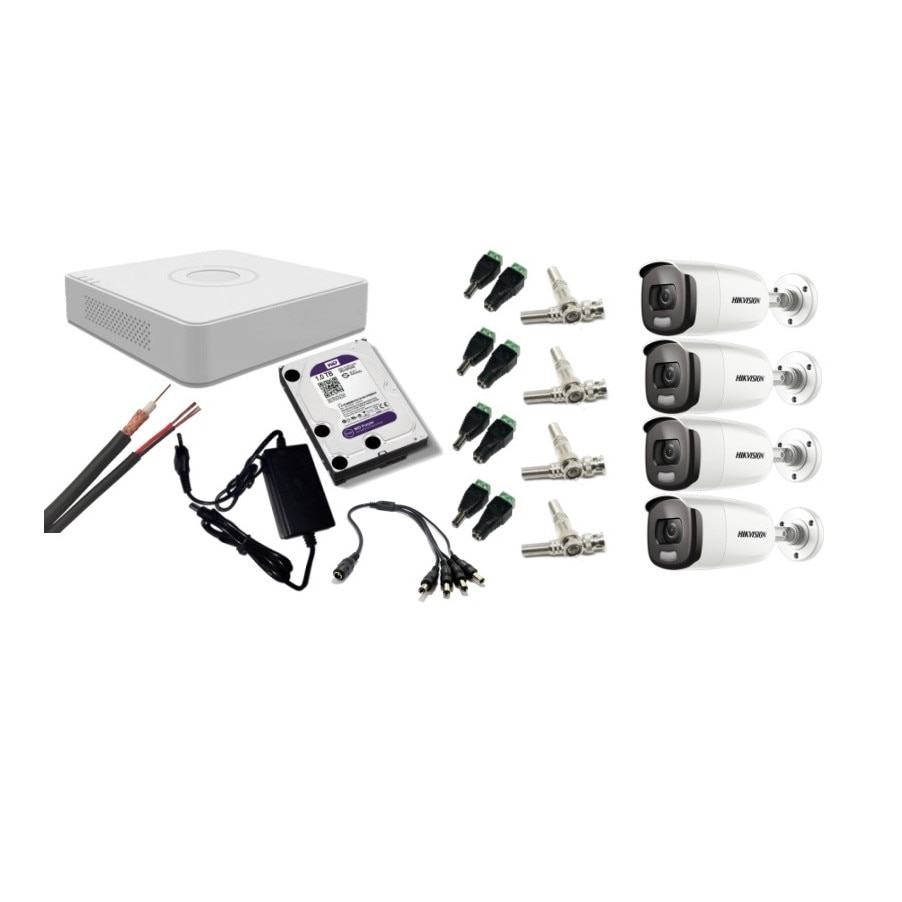 Kit supraveghere video Hikvision 2MP, cu 4 camere 2MP de exterior/interior si HDD 1 TB cu accesorii montaj MK192