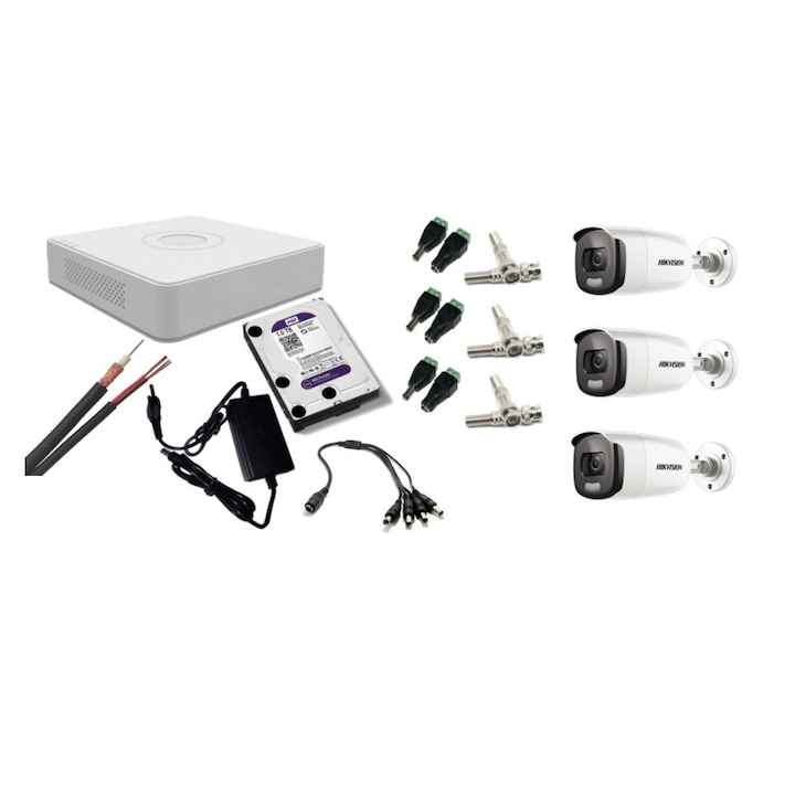 Kit supraveghere video Hikvision 5MP, cu 2 camere 5MP de exterior/interior si HDD 1 TB cu accesorii montaj MK348