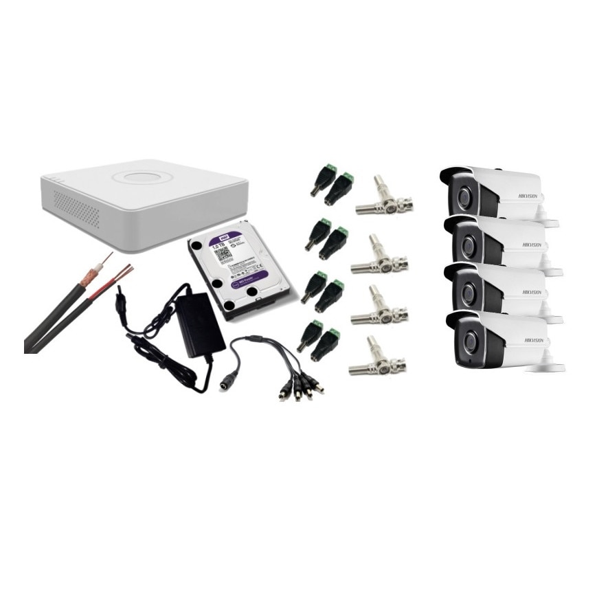 Kit supraveghere video Hikvision 2MP, cu 4 camere 2MP de exterior/interior si HDD 1 TB cu accesorii montaj MK180