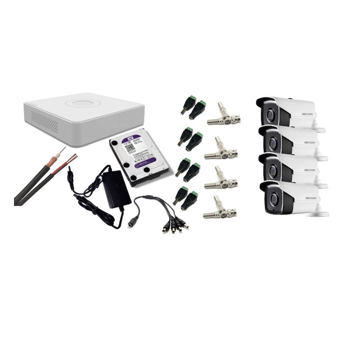 Kit supraveghere video Hikvision 5MP, cu 3 camere 5MP de interior si HDD 1 TB cu accesorii montaj MK357