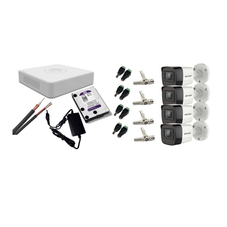 Kit supraveghere video Hikvision 2MP, cu 4 camere 2MP de exterior/interior si HDD 1 TB cu accesorii montaj MK184