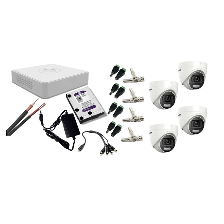 Kit supraveghere video Hikvision 5MP, cu 4 camere 5MP de exterior/interior si HDD 1 TB cu accesorii montaj MK354