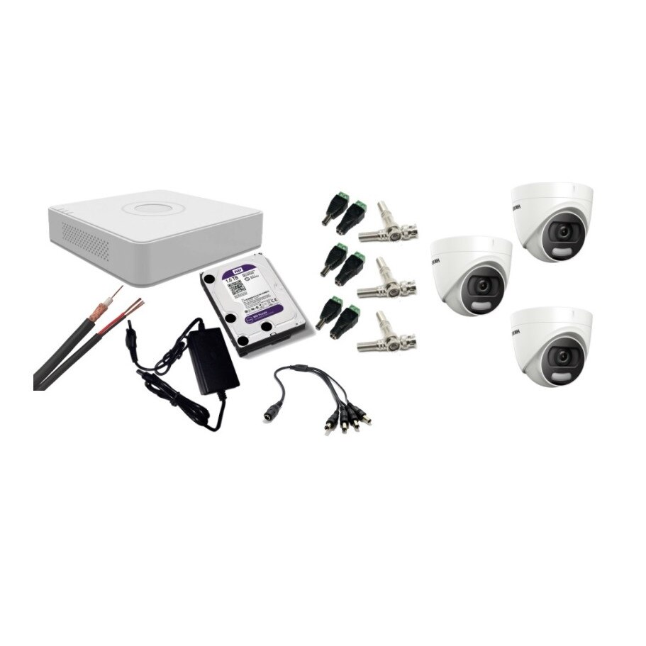 Kit supraveghere video Hikvision 2MP, cu 3 camere 2MP de interior si HDD 1 TB cu accesorii montaj MK195