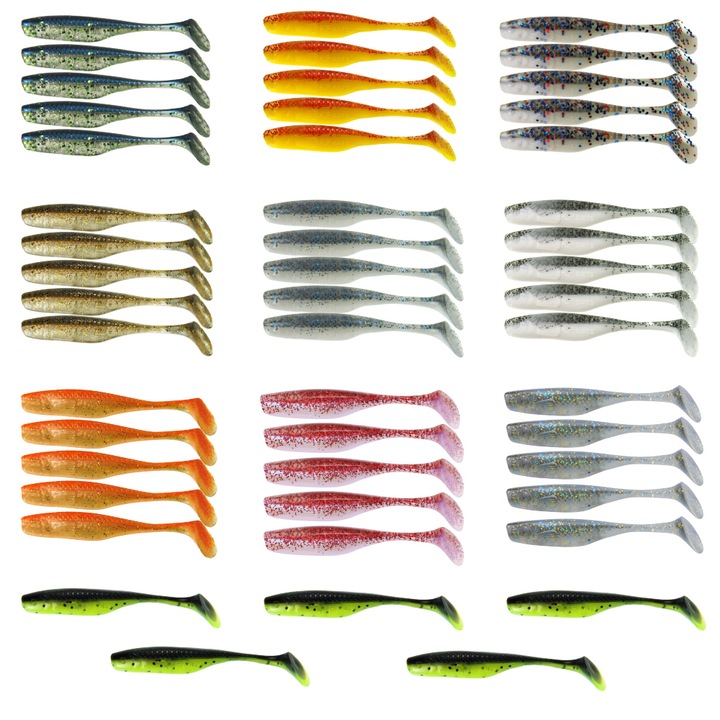 Set 50 buc Shad KP Lazy Shad 7.5cm, Mix2, pentru pescuit la salau, stiuca, biban sau somn