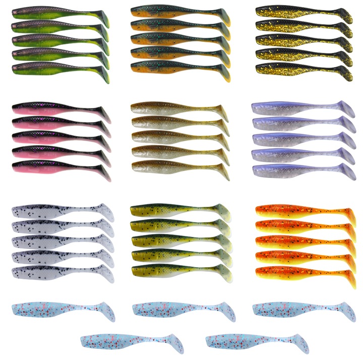 Set 50 buc Shad KP Lazy Shad 7.5cm, Mix4, pentru pescuit la salau, stiuca, biban sau somn