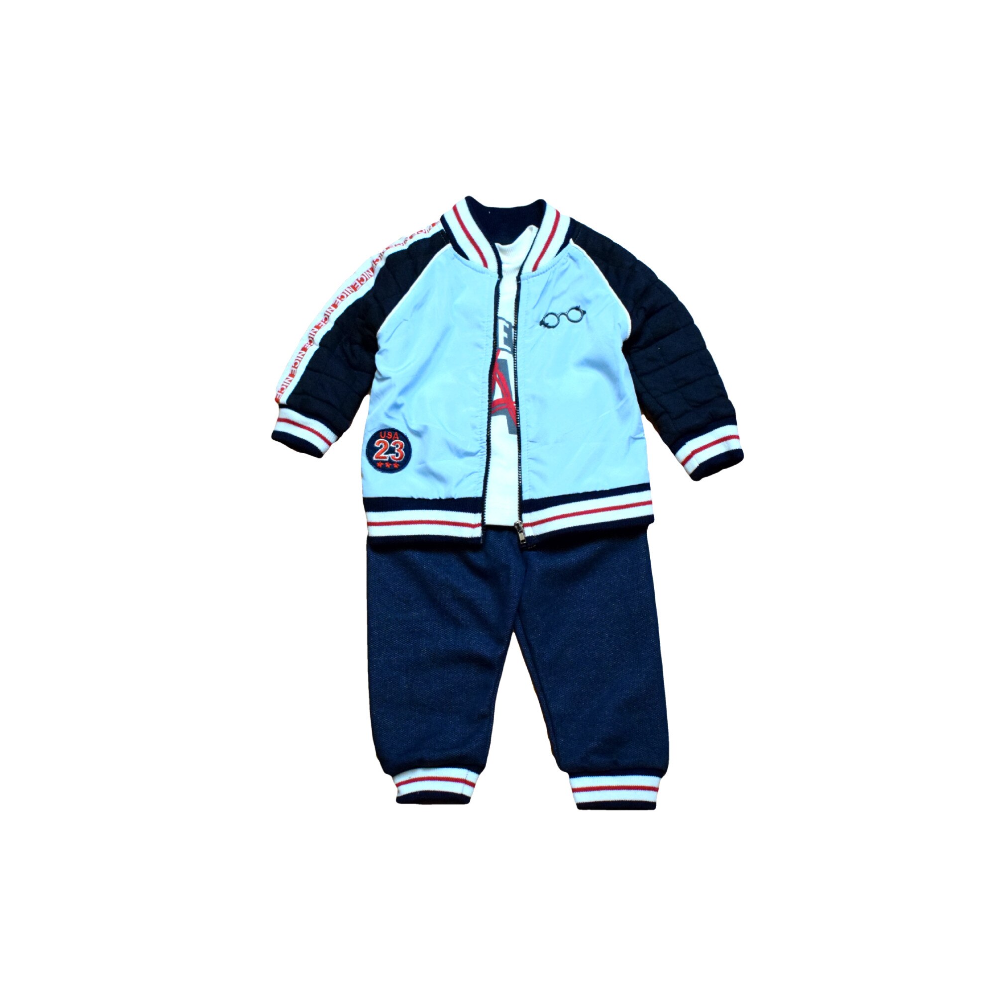 Compleu baieti din bumbac, DoniniBaby, alb/bleumarin inchis/bleu