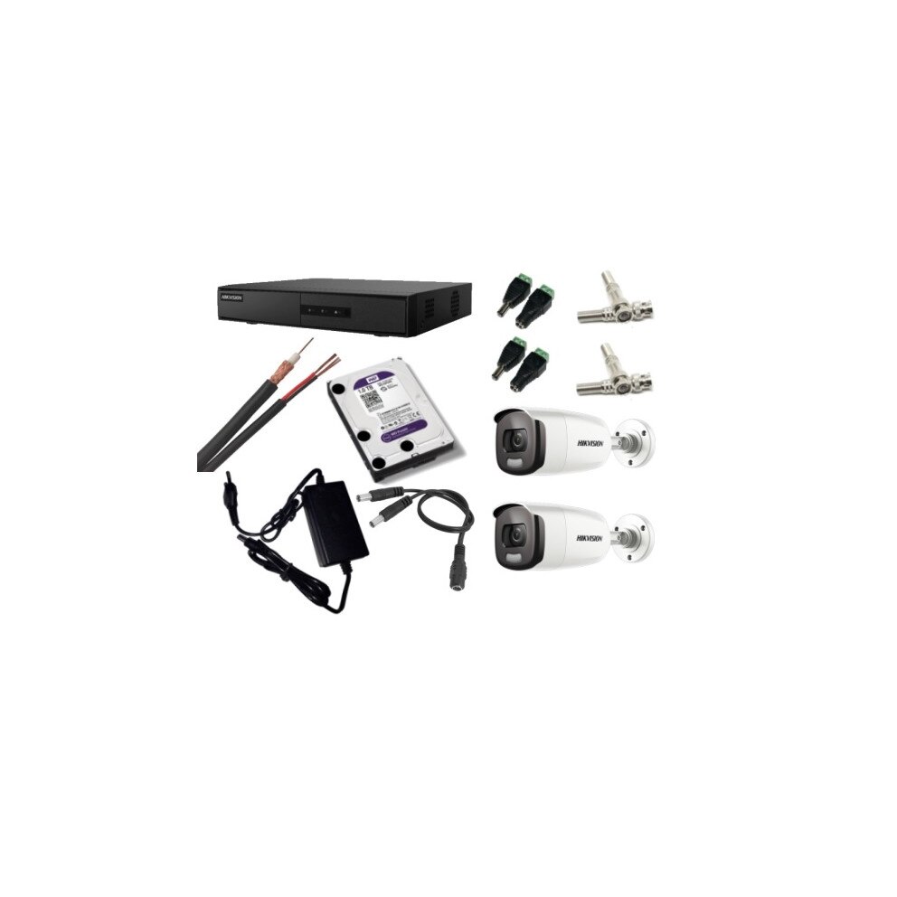 Kit supraveghere video Hikvision 2MP, cu 2 camere 2MP de exterior/interior si HDD 1 TB cu accesorii montaj MK262