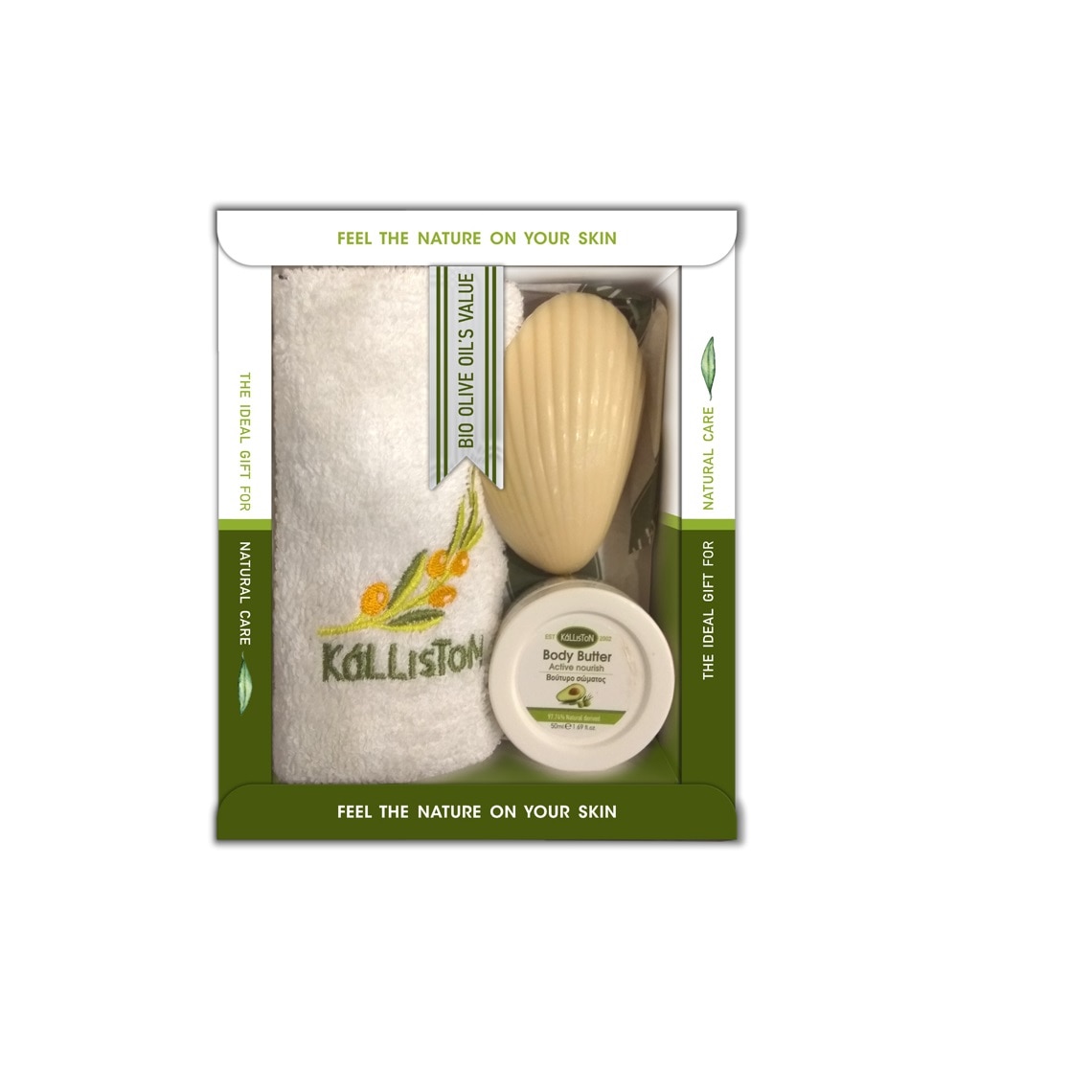 Set cadou compus din Unt de corp cu ulei de masline organic si ulei de avocado, 50 ml, sapun natural cu ulei de masline, 60 g, prosop de fata calitate premium, 50 g, Kalliston, 160 g