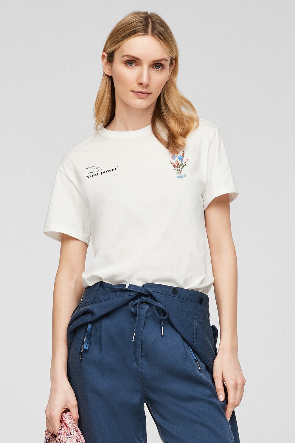 s.Oliver, Tricou cu imprimeu text si floral, Alb