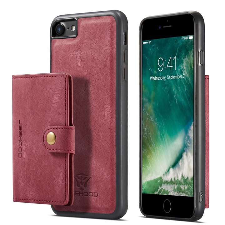 Калъф за iPhone SE 3 (2022), SE 2 (2020), iPhone 8, iPhone 7, CaseMe, мека текстурирана кожа, back cover, отделящ се мини портфейл, червен