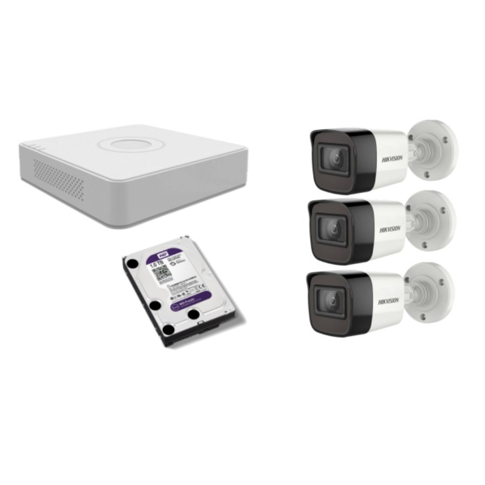 Kit supraveghere video Hikvision 5MP, cu 3 camere 5MP de exterior/interior si HDD 1 TB MK499