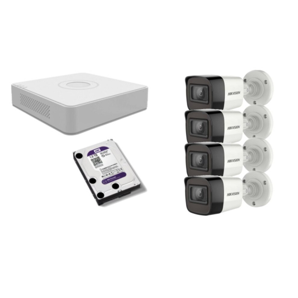 Kit supraveghere video Hikvision 5MP, cu 4 camere 5MP de exterior/interior si HDD 1 TB MK500