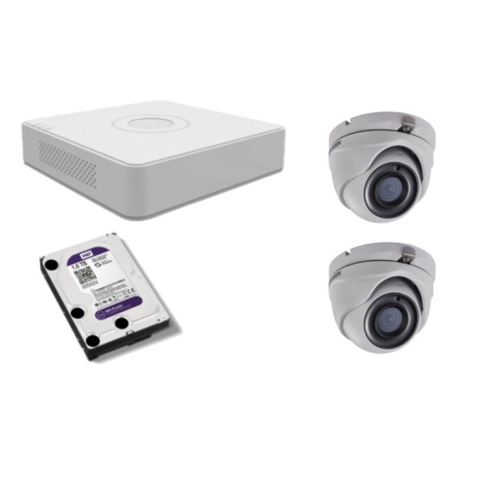 Kit supraveghere video Hikvision 5MP, cu 2 camere 5MP de exterior/interior si HDD 1 TB MK424