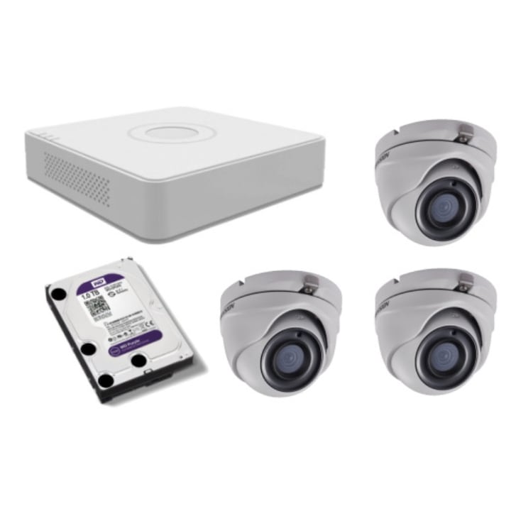 Kit supraveghere video Hikvision 5MP, cu 4 camere 5MP de exterior/interior si HDD 1 TB MK322