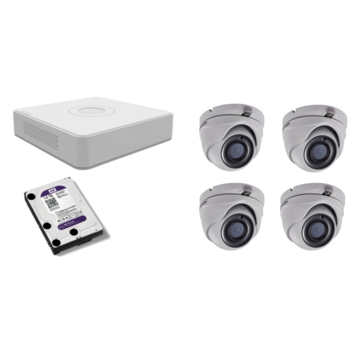 Kit supraveghere video Hikvision 5MP, cu 3 camere 5MP de exterior/interior si HDD 1 TB cu accesorii montaj MK345