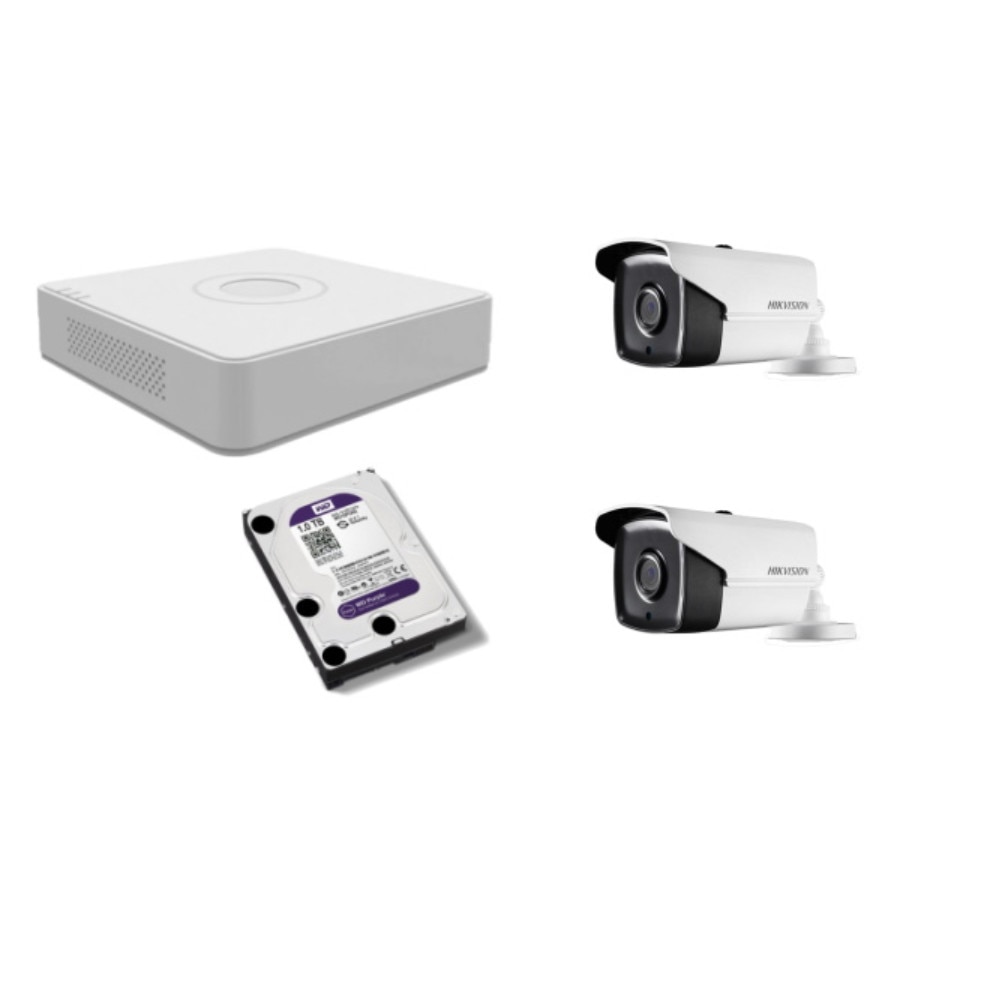 Kit supraveghere video Hikvision 5MP, cu 2 camere 5MP de exterior/interior si HDD 1 TB MK312