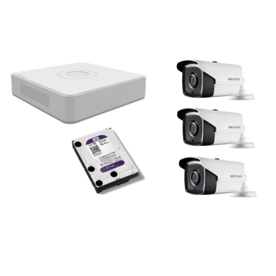 Kit supraveghere video Hikvision 5MP, cu 3 camere 5MP de exterior/interior si HDD 1 TB MK313