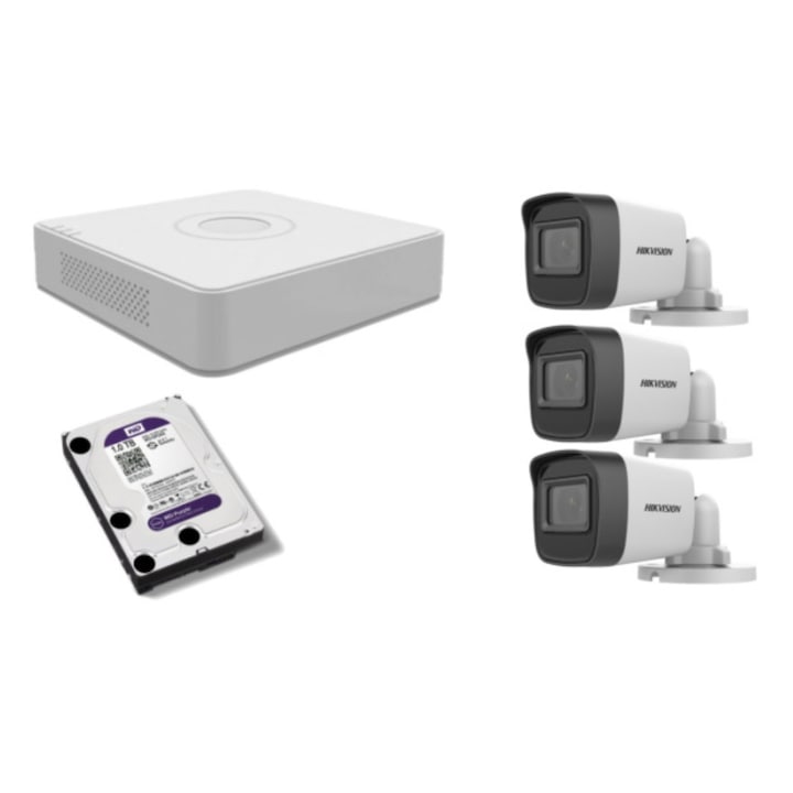 Kit supraveghere video Hikvision 5MP, cu 3 camere 5MP de interior si HDD 1 TB cu accesorii montaj MK437