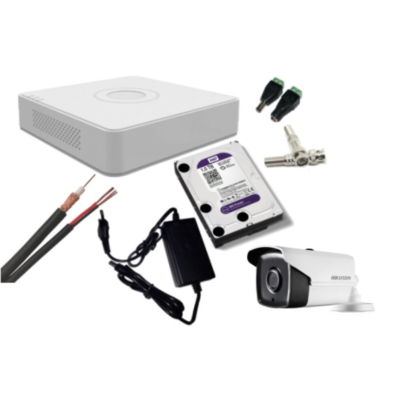 Kit supraveghere video Hikvision 5MP, cu 1 camera 5MP de exterior/interior si HDD 1 TB cu accesorii montaj MK343