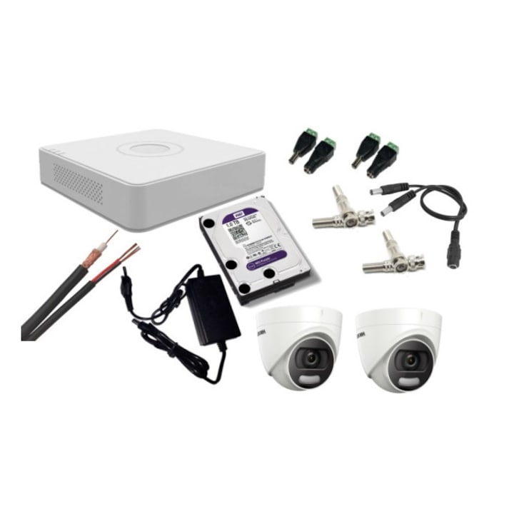 Kit supraveghere video Hikvision 2MP, cu 4 camere 2MP de exterior/interior si HDD 1 TB MK160