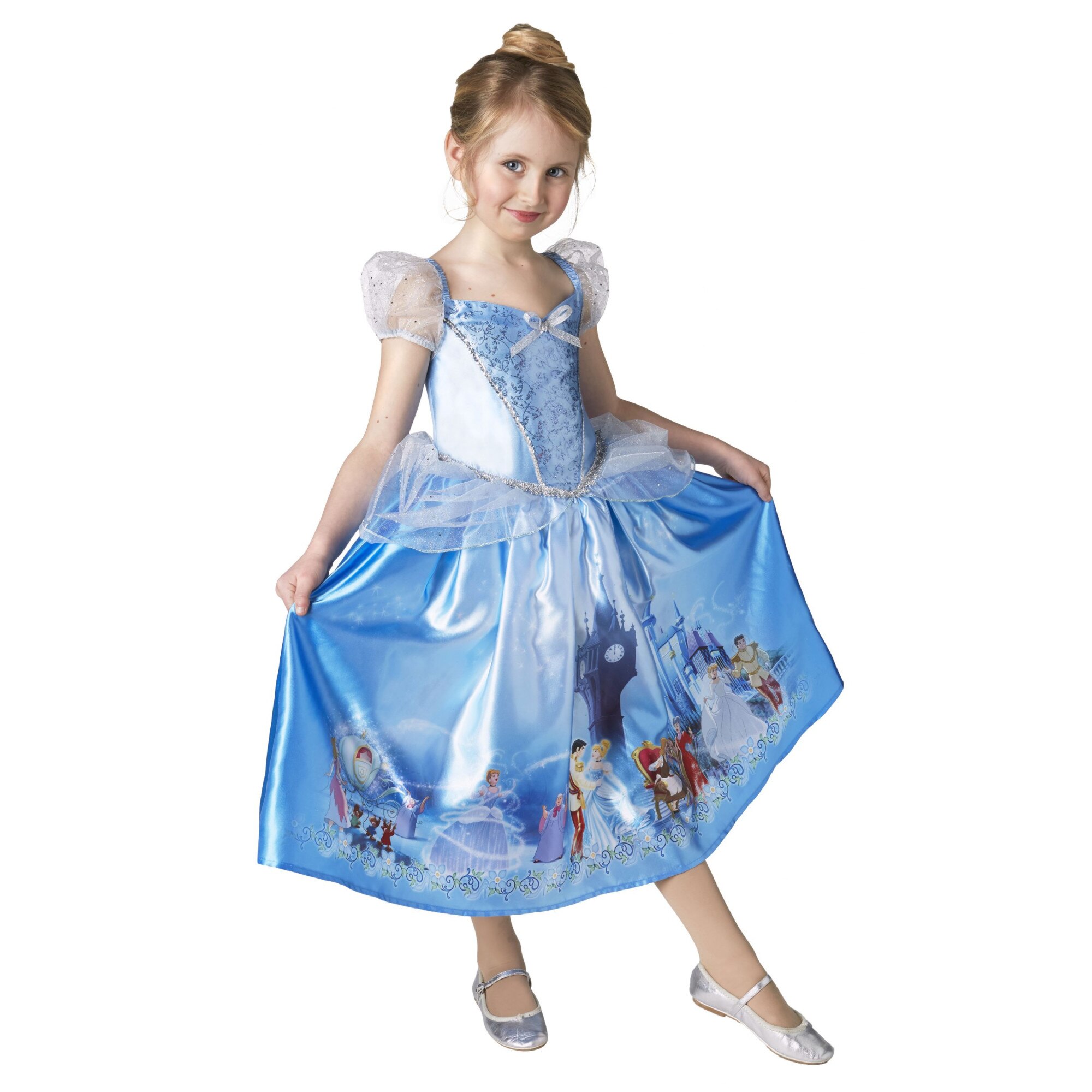 Costum carnaval fete Cenusareasa cu imprimeu de basm, 3-4ani,albastru