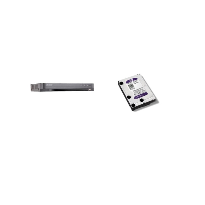 Sistem supraveghere Hikvision 2 camere interior 4 in 1, 8MP, lentila 2.8, IR 60m, DVR 4 canale, accesorii, hard disk