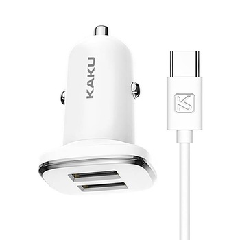 Incarcator Auto Fast Charge, 2 x USB, Cablu Usb - USB-C, 2.4 A, Alb - KAKU - KSC-318 Incarcator Auto Fast Charge, 2 x USB, Cablu Usb - USB-C, 2.4 A, Alb - KAKU - KSC-318